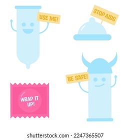 Set of cute condoms with faces, emojis and posters. Safe love cartoon stickers. 