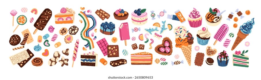 Set of cute confectionery. Different candies, lollipops, sweets, cookies, chocolates. Pastry desserts, bakery: cakes, ice creams. Flat isolated hand drawn vector illustration on white background