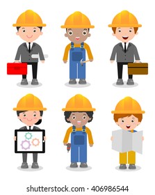 Set of cute construction Engineering Industrial Workers Project Manager isolated on white background, Engineer man and woman,Civil engineer, architect and construction workers, Vector Illustration