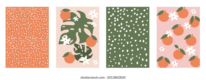 Set of cute contemporary orange floral and polka shapes seamless patterns on white background. Concept of modern exotic design for paper, cover, fabric, interior. Flat cartoon vector illustration