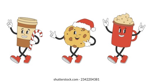 Set of cute cookie and coffee characters in y2k groovy style. Cartoon characters in trendy retro style for Christmas design. Isolated vector illustration 