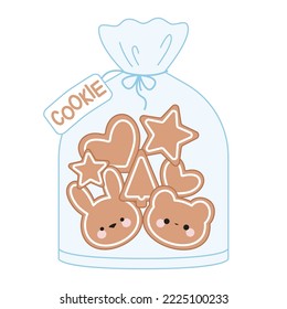 Set de galletas lindas al estilo kawaii de bolsa de plástico. Feliz Navidad. Año nuevo. Conejo, oso, árbol, estrellas, corazones.