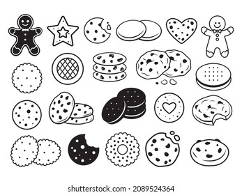 Set of cute cookies. Сollection of various crackers, snacks, chocolate chip cookies, etc. Festive baked goods. Vector illustration of delicious food on a white background.