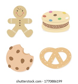 Set of cute cookies vector illustration pastel cartoon isolated on white background. Gingerbread, sandwich cookie, chocolate chips cookie and sugar Pretzel. 
