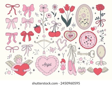 Set of cute coquette bows, ribbons, patches, flowers, cherry, hearts, angels. Elegant vintage cliparts in pastel pink color. Hand drawn line art girly decor. Vector illustrations