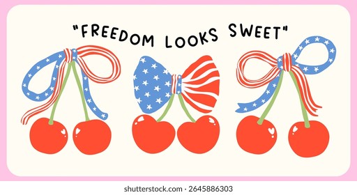 Conjunto de cerejas bonito coquette 4 de julho com faixa de arco de fita americana mão desenhada banner para design patriótico, camisa ou cartão de sublimação