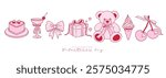 Set of cute coquette romantic elements with bows, ribbons, dots, cherry, hearts. Elegant Valentine vintage cliparts in pastel pink color. Hand drawn line art girly decor. Vector illustration