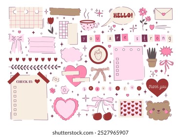 Set of cute coquette stickers for planner and diary. Bow, ribbon, cherry, note, sheet, bear, heart scrapbook elements in girly pink style. Hand drawn journaling clip art. Vector illustration