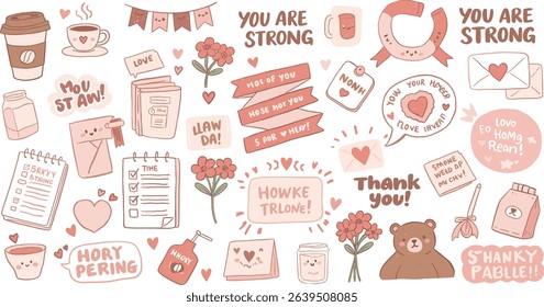 Set of cute coquette stickers for planner and diary. Bow, ribbon, cherry, note, sheet, bear, heart scrapbook elements in girly pink style. Hand drawn journaling clip art.