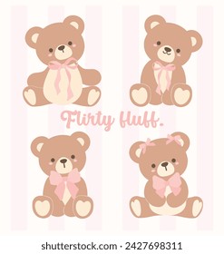 set of cute coquette teddy bear sitting, adorned with a pink ribbon bow, cartoon hand drawn flat design.