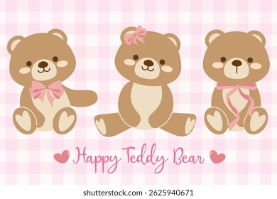 Set of cute coquette teddy bear sitting, adorned with a pink ribbon bow, Vector flat design.