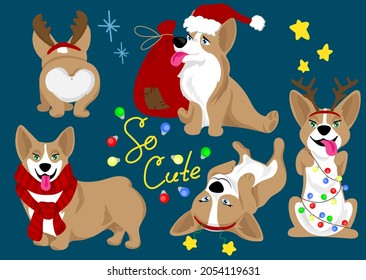 Set of Cute Corgi Cartoon Dogs. Corgi Santa's helpers. Corgi wearing a santa claus hat. Merry Christmas. Collection in different poses in free hand drawing illustration style. Set of Funny Characters.