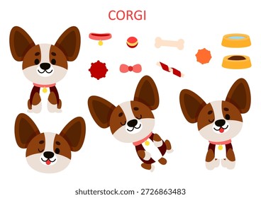 Ein Set süßer Corgi-Hunde in verschiedenen Posen, Hundespielzeug und Futter