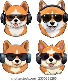 Set of cute corgi dogs with headphones and sunglasses. Vector illustration