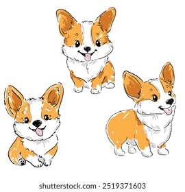 set cute corgi dogs sketch vector illustration