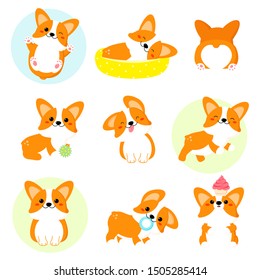 Set of cute corgi. Funny, happy, sleeping, running, with toy, with cake, sticking out tongue. EPS8