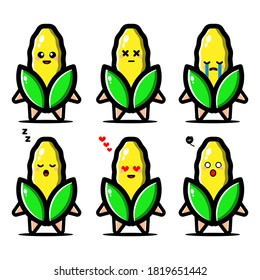 set of cute corn cartoon character with different expression. fruit concept vector illustration