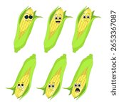 Set of cute corn characters with different emotions. Dude, happy, sad, laughs, thinks, scared, smiling. Cartoon vector illustration for children's entertainment, stickers, comic.