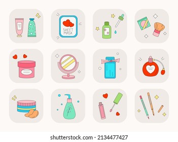 Conjunto de adorables iconos cosméticos sobre el cuidado de la piel, salón de spa, productos de belleza. Caricatura sofisticada cosmética coreana vectorial elementos gráficos. 