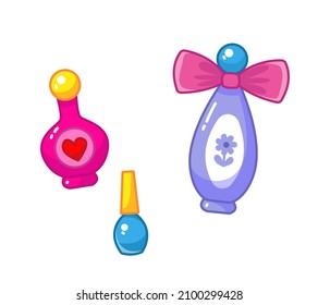 A set of cute cosmetics - perfume, nail polish, face cream. Vector illustration in cartoon childish style. Isolated cute clipart with beauty care products