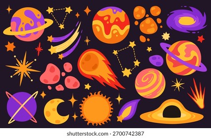Conjunto de objetos cósmicos bonitos. Planetas, estrelas, constelações.