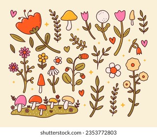 Set of cute cottagecore flowers, mushrooms, branches. Hand drawn fairy garden elements. Cartoon green witch aesthetic. Vintage wildflowers, camomile, strawberry stickers. Vector illustration