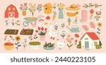 Set of cute cottagecore illustrations. Farmhouse, barn, crops, flowers, goose and chicken. Gardening and countryside lifestyle. Spring and summer village. Vector graphic