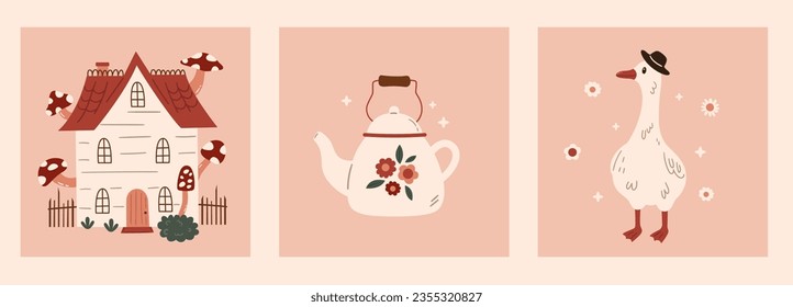 Conjunto de hermosas impresiones de cottagecore para diseño de tarjetas, afiches. Casa de setas de cuento de hadas, oca y tetera floral a mano. Marcos de arte para niños, guardería infantil. Ilustración del vector