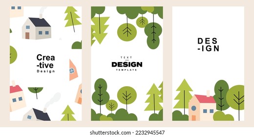 Set of cute country poster template in cute flat design. Collection of tree and house illustration design