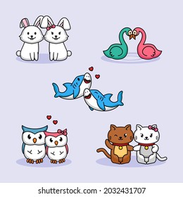 Conjunto de lindos animales de pareja en el Día de San Valentín