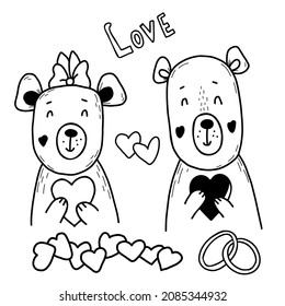 Set with cute couple of bears in love with hearts on background of wedding rings. Vector illustration in handmade doodle style. Isolated linear sketches for Valentines, love cards, decor and design