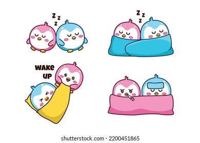 Set of cute couple blue and pink little penguin for social media sticker emoji sleep sick and wake up emoticon