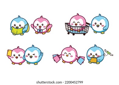 Set of cute couple blue and pink little penguin for social media sticker emoji traveling shopping selfie no money emoticon