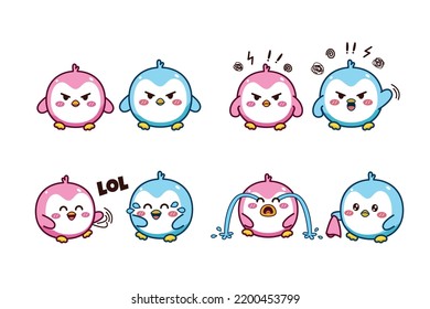 Conjunto de adorables pareja azul y pingüino rosado para emoticono emoticono emoticono de emoticono de emoticono de pegatinas de medios sociales enojado