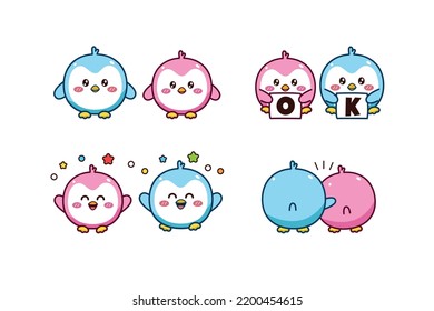 Conjunto de adorables pareja azul y pingüino rosado para emoticono de emoticono de emoticono de emoticono de pegatinas de medios sociales decir OK feliz y abrazo