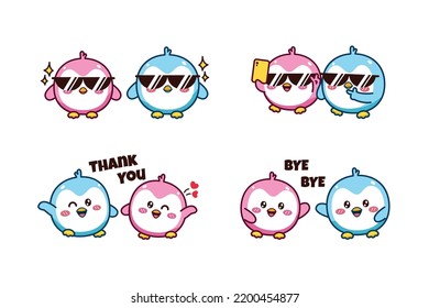 Set of cute couple blue and pink little penguin for social media sticker emoji wearing sunglasses take a picture say thank you and bye bye emoticon