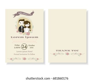 Set of Cute Couple Cartoon Wedding Invitation card. Modern doodle style.Vector/Illustration