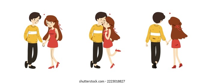 Set of cute couple feeling in love being together, hug, holding hands and kiss cartoon character flat vector illustration isolated on white background. Happy Valentin's Day.