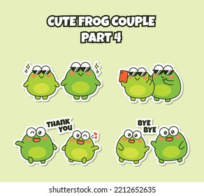 Set of cute couple frog sticker emoji wearing sunglasses take a picture say thank you and bye bye emoticon