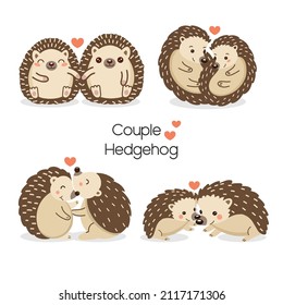 Set Of Cute Couple Hedgehog Fall In Love. Hand Drawn Cartoon Animal Character.