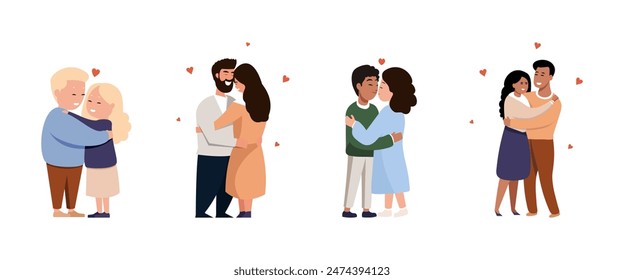 Conjunto de linda pareja se abraza felizmente. Feliz Día de San Valentín. Un hombre y una mujer se abrazan cariñosamente. Ilustraciones vectoriales gráficas planas aisladas sobre fondo blanco