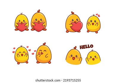 Set of cute couple little duck or little chick for social media sticker emoji falling in love and say hello emoticon