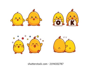 Set of cute couple little duck or little chick for social media sticker emoji say OK happy and hug emoticon