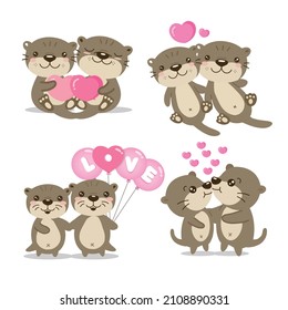 Set of Cute couple Otters fall in love. Hand drawn cartoon animal character.
