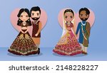 Set of Cute couple in traditional indian dress cartoon characters bride and groom.Wedding invitations card.