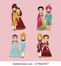Set of Cute couple in traditional indian dress cartoon characters bride and groom.Wedding invitations card.