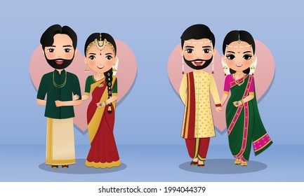 Set Of Cute Couple In Traditional Indian Dress Cartoon Characters Bride And Groom.Wedding Invitations Card.