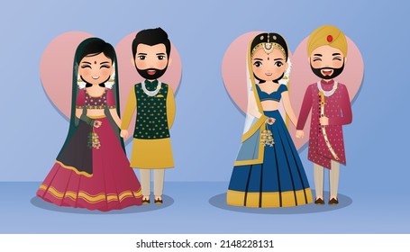 Set Of Cute Couple In Traditional Indian Dress Cartoon Characters Bride And Groom.Wedding Invitations Card.