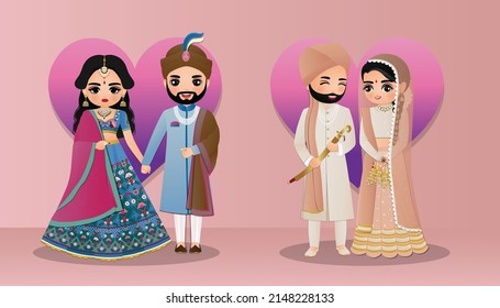 Set of Cute couple in traditional indian dress cartoon characters bride and groom.Wedding invitations card.