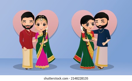 Set of Cute couple in traditional indian dress cartoon characters bride and groom.Wedding invitations card.